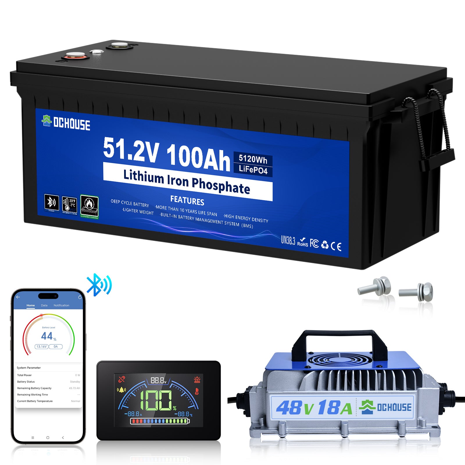 48V 100Ah LiFePO4 Batterie Bluetooth und Niedertemperaturschutz & Ladegerät