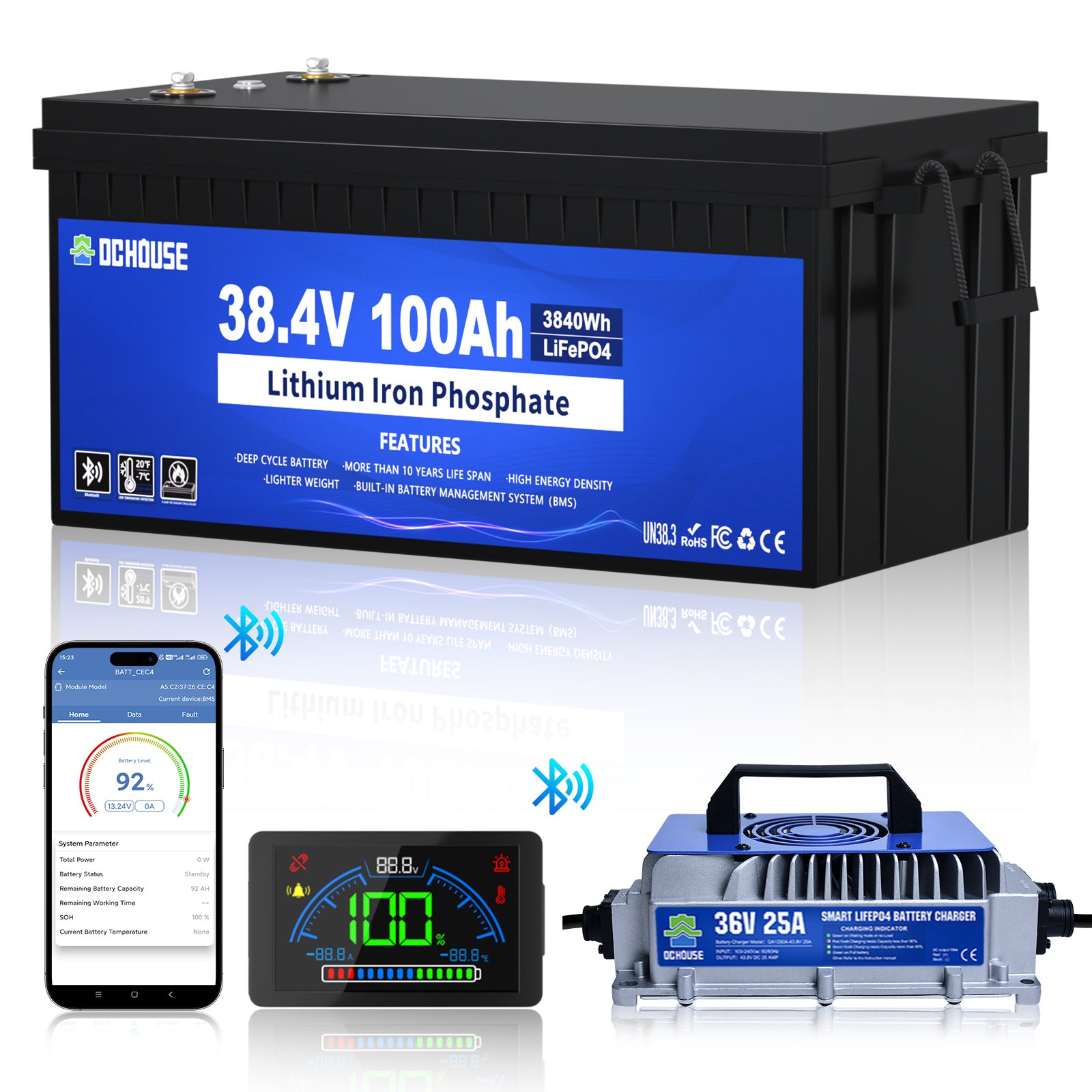 36V 100Ah 2.0 LiFePO4 Batterie mit Niedertemperaturschutz und Bluetooth & Ladegerät