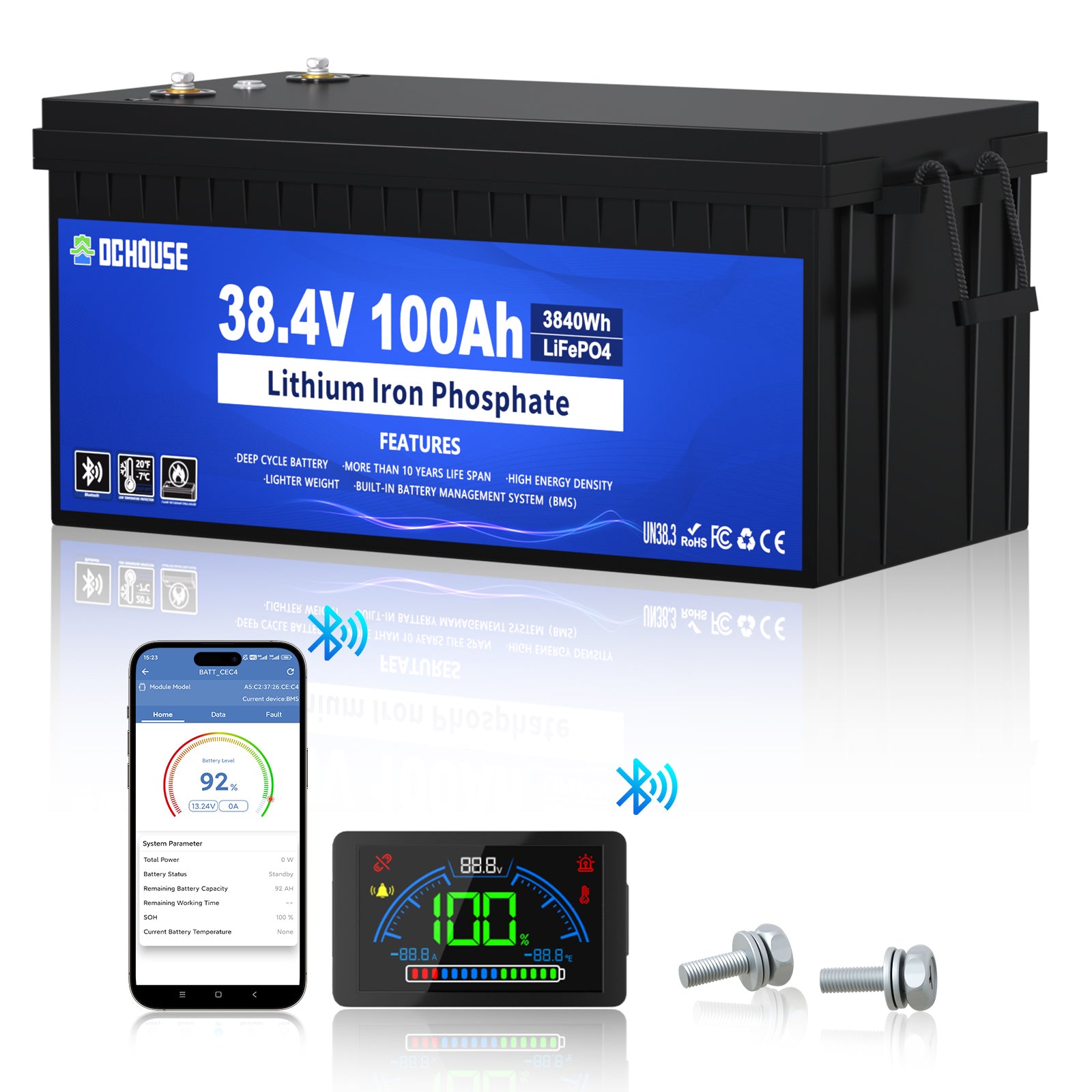 36V 100Ah 2.0 LiFePO4 Batterie mit Niedertemperaturschutz und Bluetooth