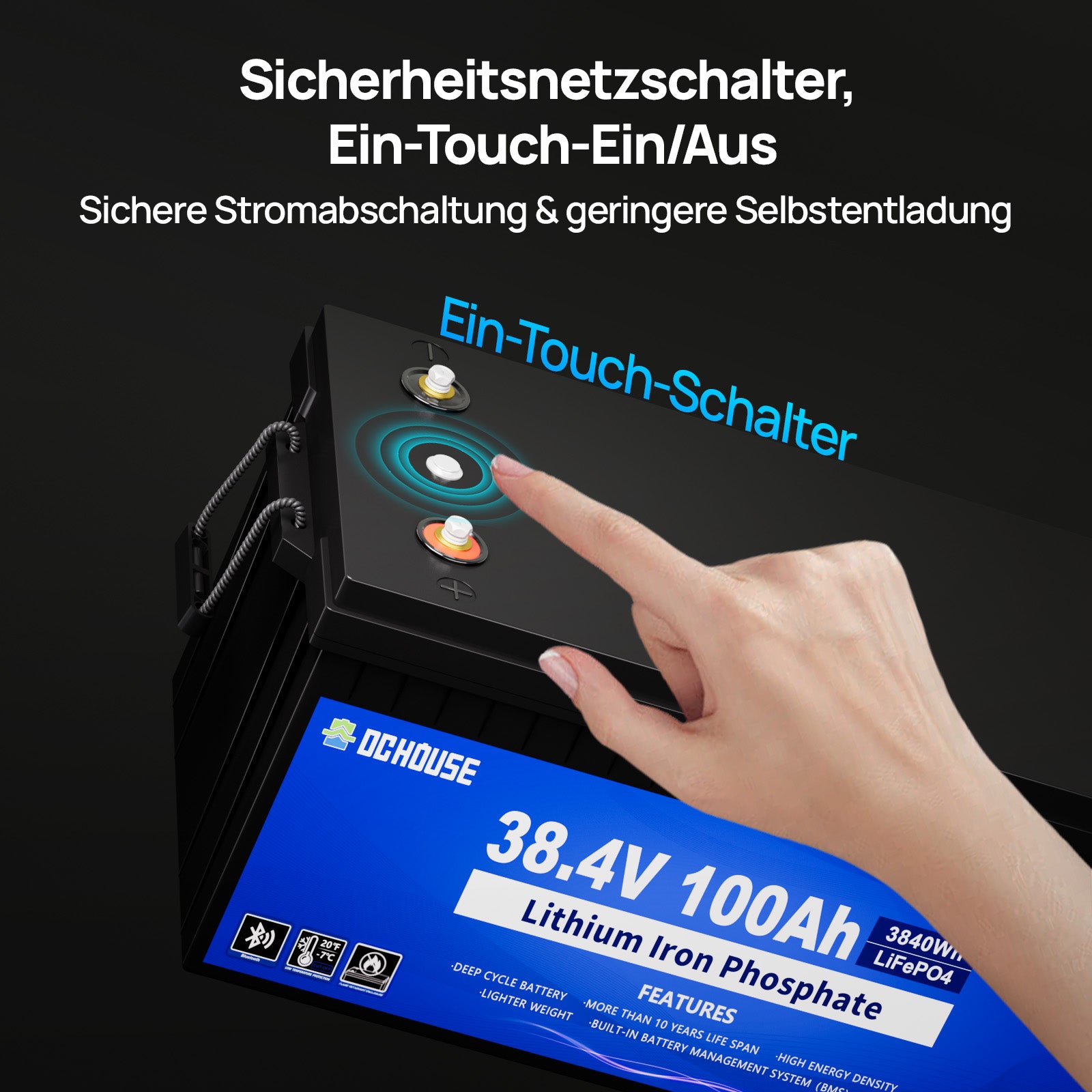 36V 100Ah 2.0 LiFePO4 Batterie mit Niedertemperaturschutz und Bluetooth & Ladegerät