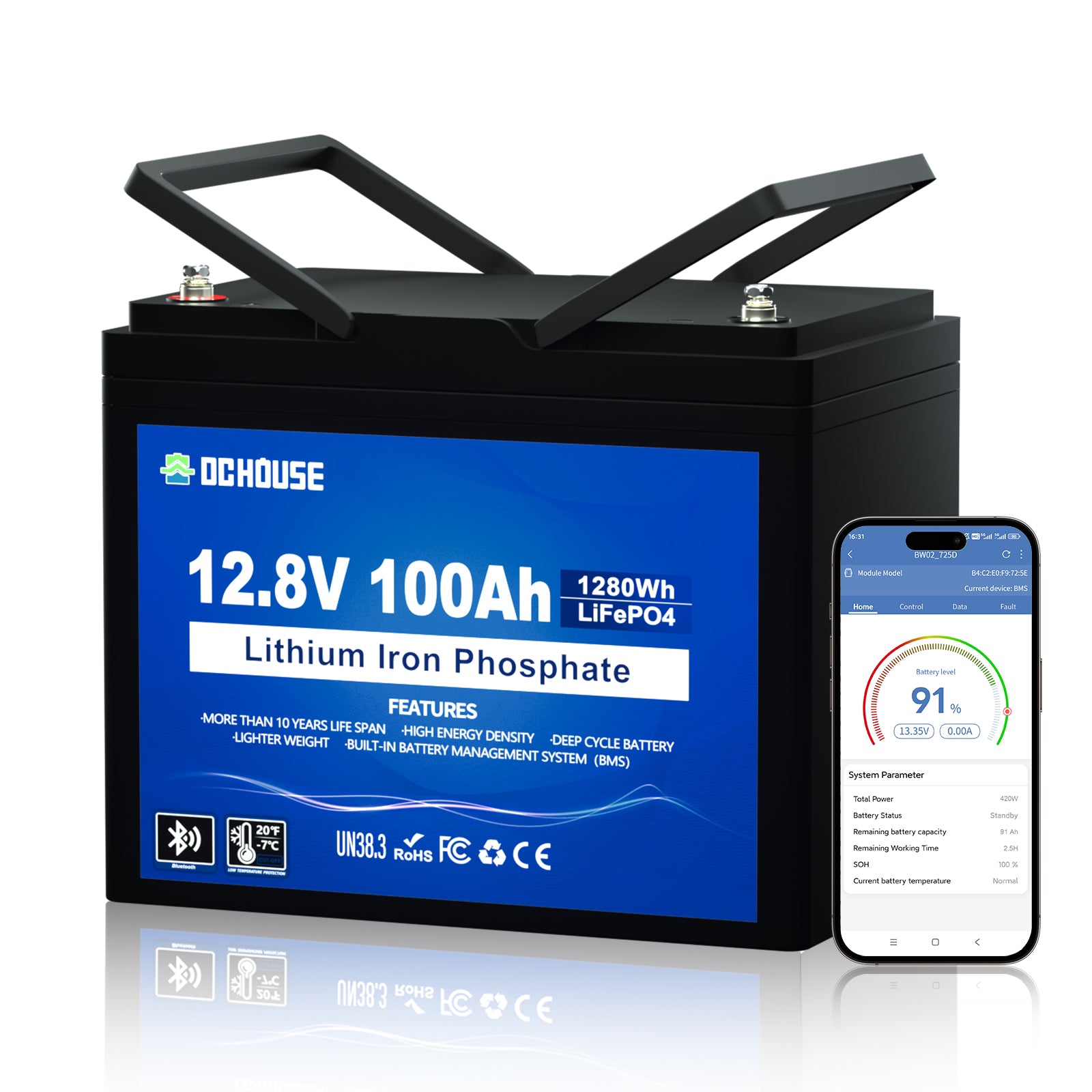 12V 100Ah LiFePO4 Batterie mit Bluetooth und Niedrigtemperaturschutz