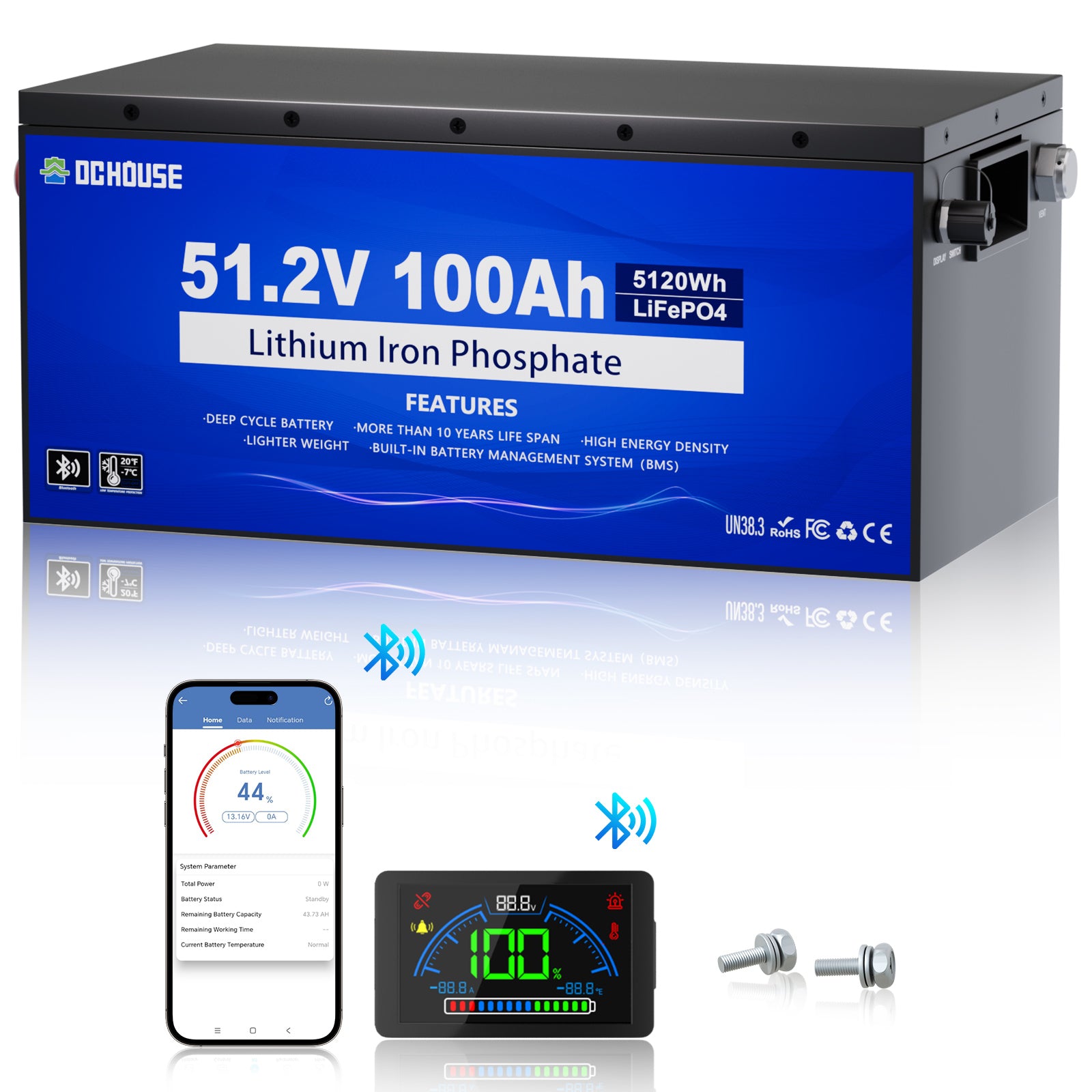 48V 100Ah LiFePO4 Batterie mit Metallgehäuse, Bluetooth und Niedertemperaturschutz