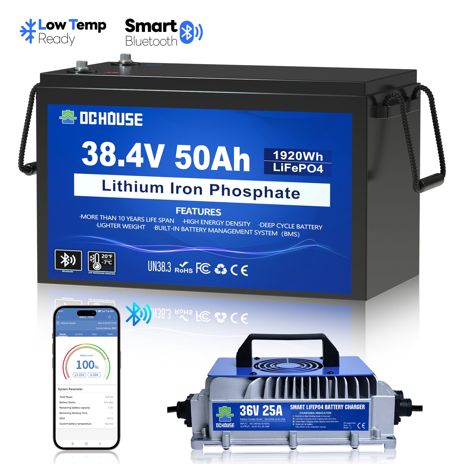36V 50Ah Lithiumbatterie mit Niedertemperaturschutz und Bluetooth & Ladegerät