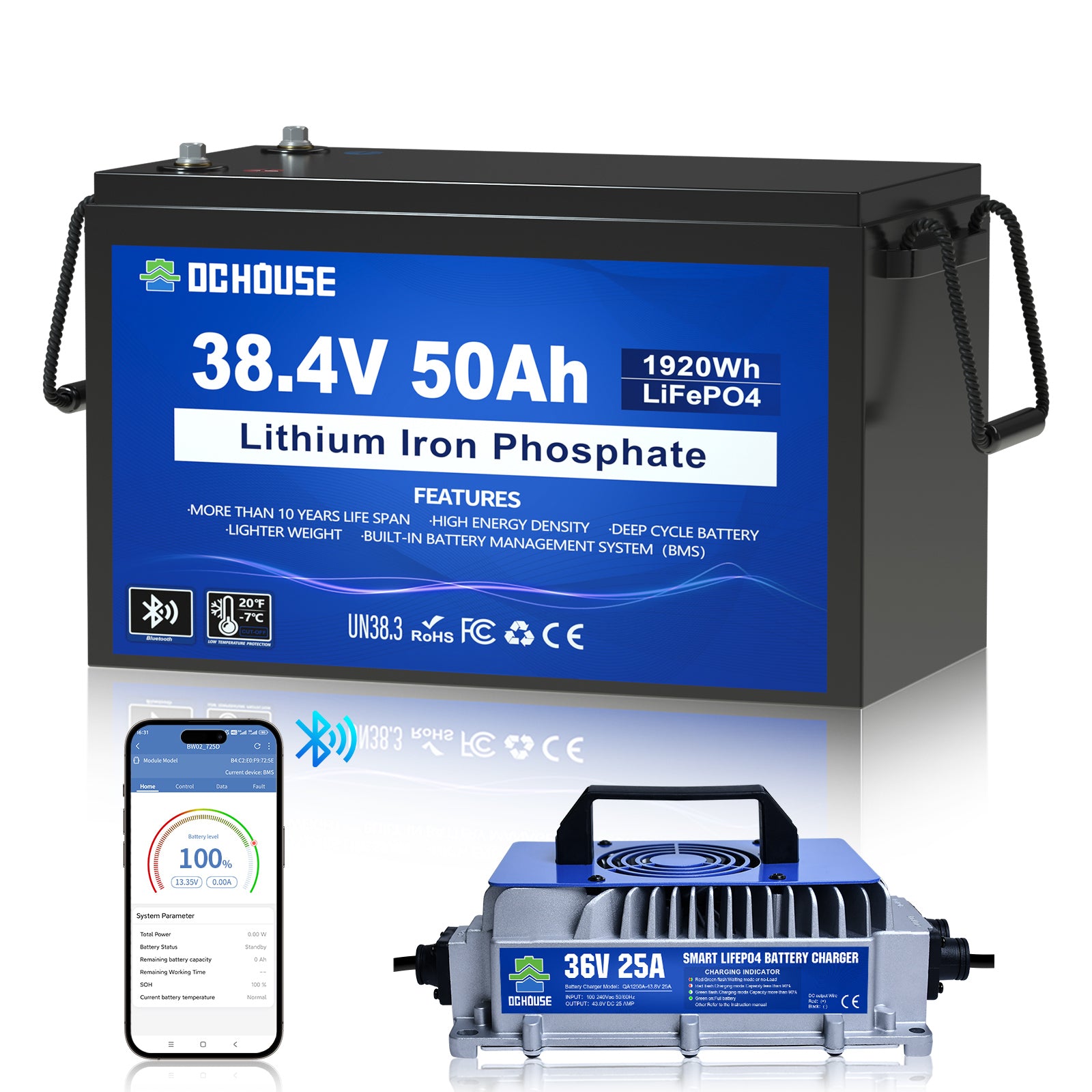 36V 50Ah Lithiumbatterie mit Niedertemperaturschutz und Bluetooth & Ladegerät