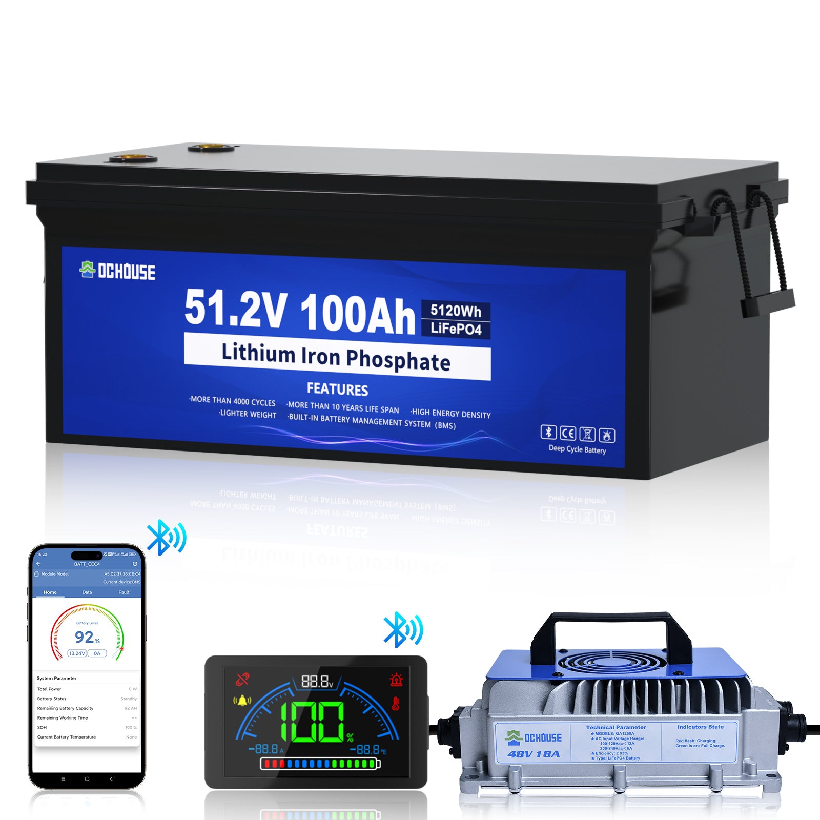 48V 100Ah LiFePO4 Golfwagen Batterie mit Bluetooth und Messgerät mit Ladegerät