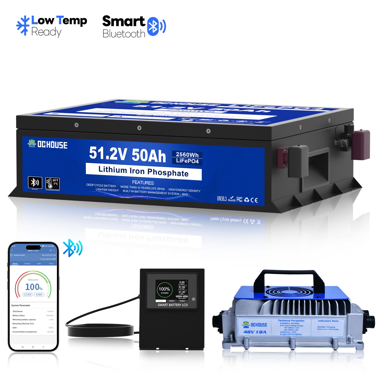 48V 50Ah LiFePO4 Batterie mit Bluetooth und Niedrigtemperaturschutz mit Ladegerät
