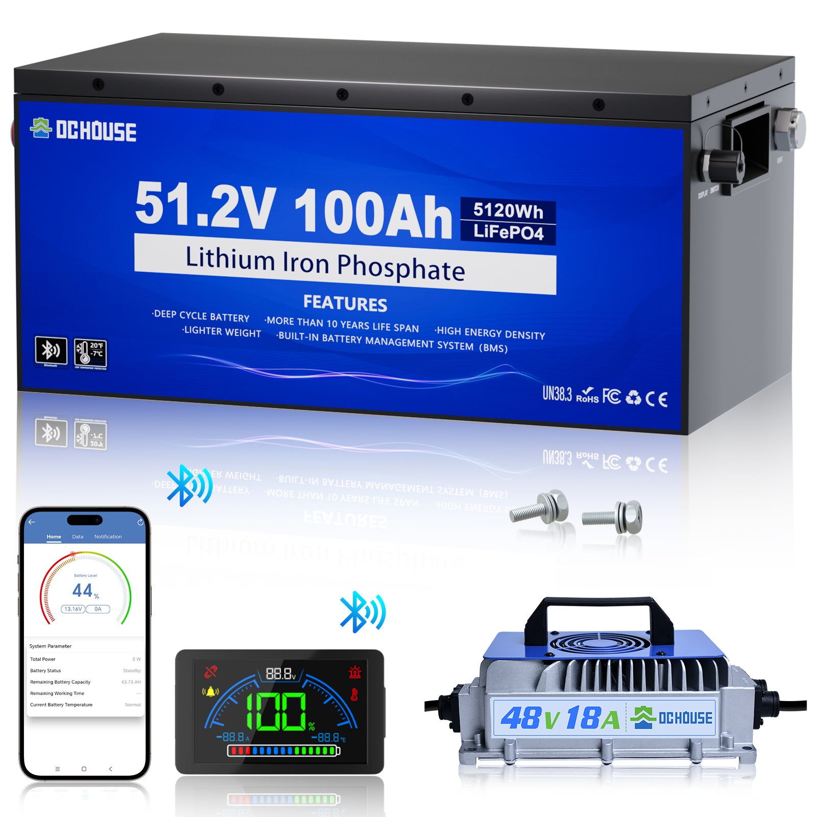 48V 100Ah LiFePO4 Batterie mit Metallgehäuse, Bluetooth und Niedertemperaturschutz  & Ladegerät