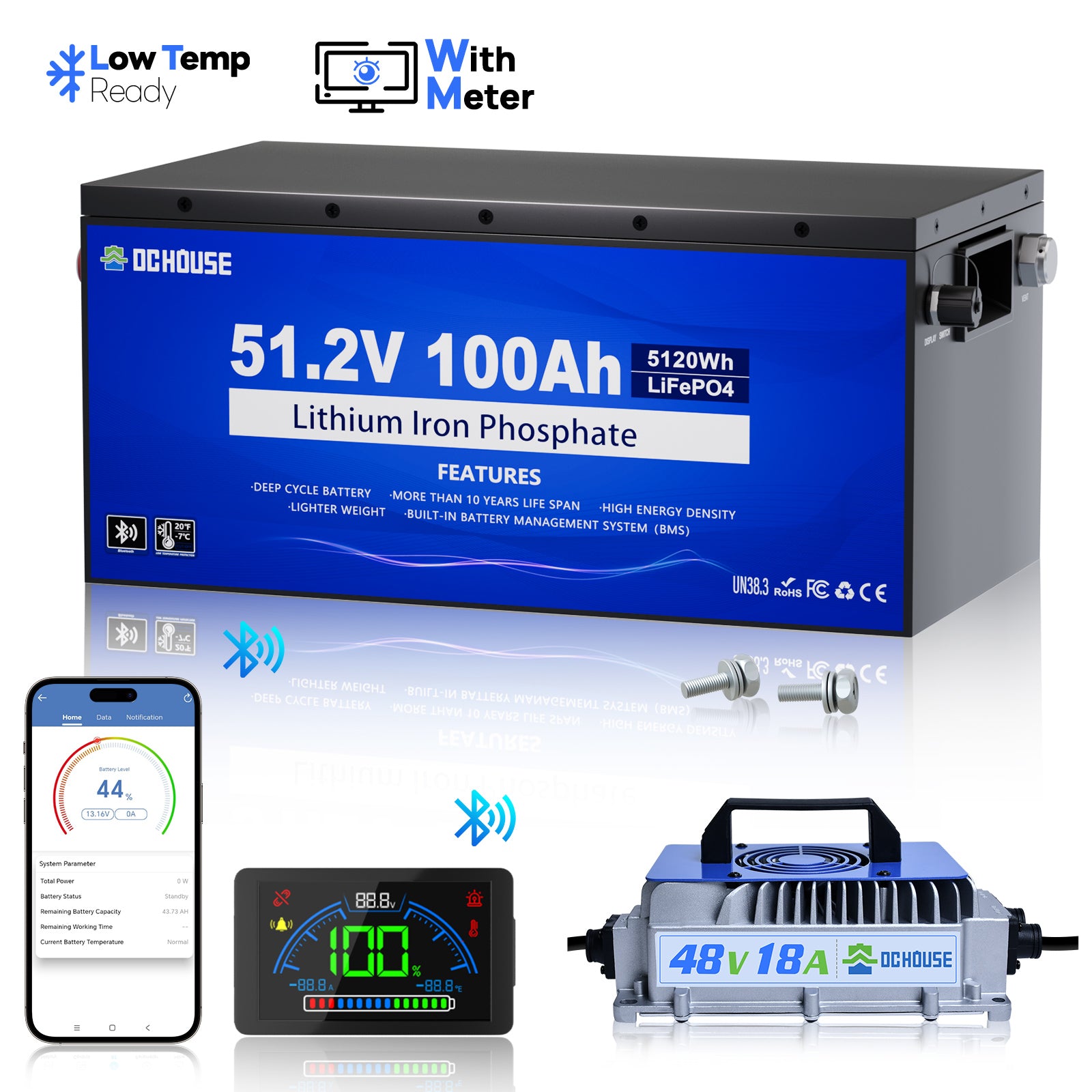 48V 100Ah LiFePO4 Batterie mit Metallgehäuse, Bluetooth und Niedertemperaturschutz  & Ladegerät