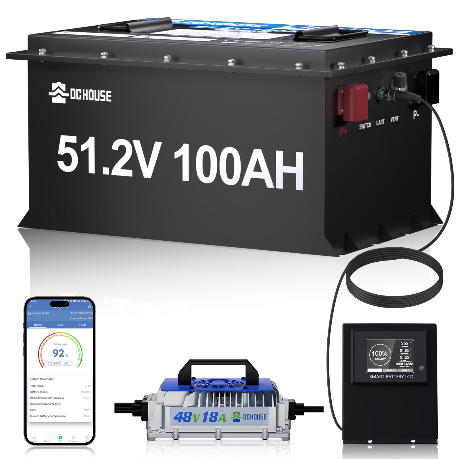 48V 100Ah LiFePO4 Lithium-Golfwagen-Batterie mit Metallgehäuse, Bluetooth und Niedertemperaturschutz & Ladegerät