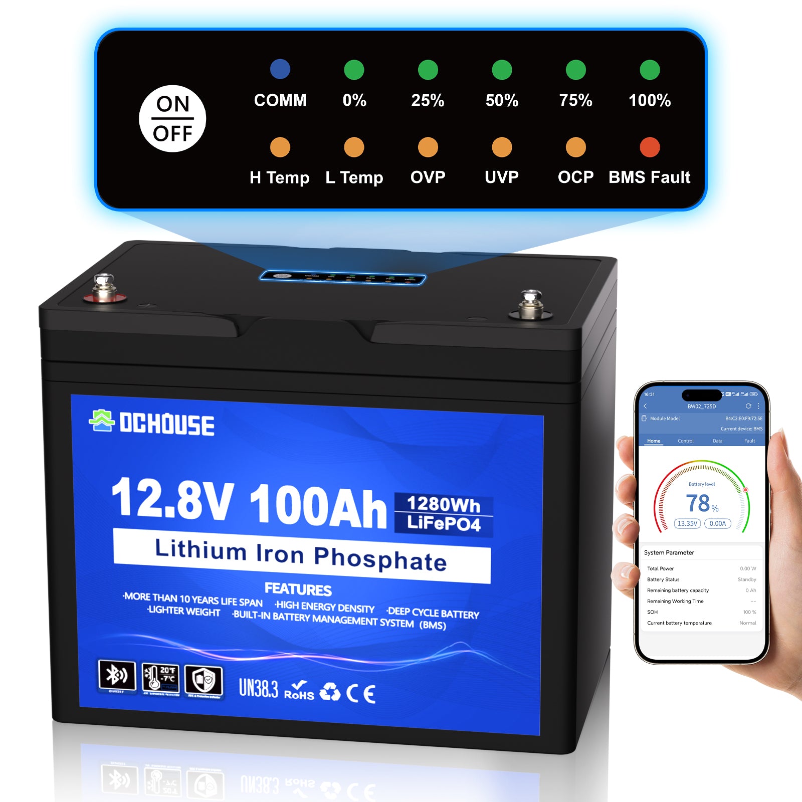 12V 100Ah mit Niedertemperaturschutz & Bluetooth & SOC- und BMS-Anzeige