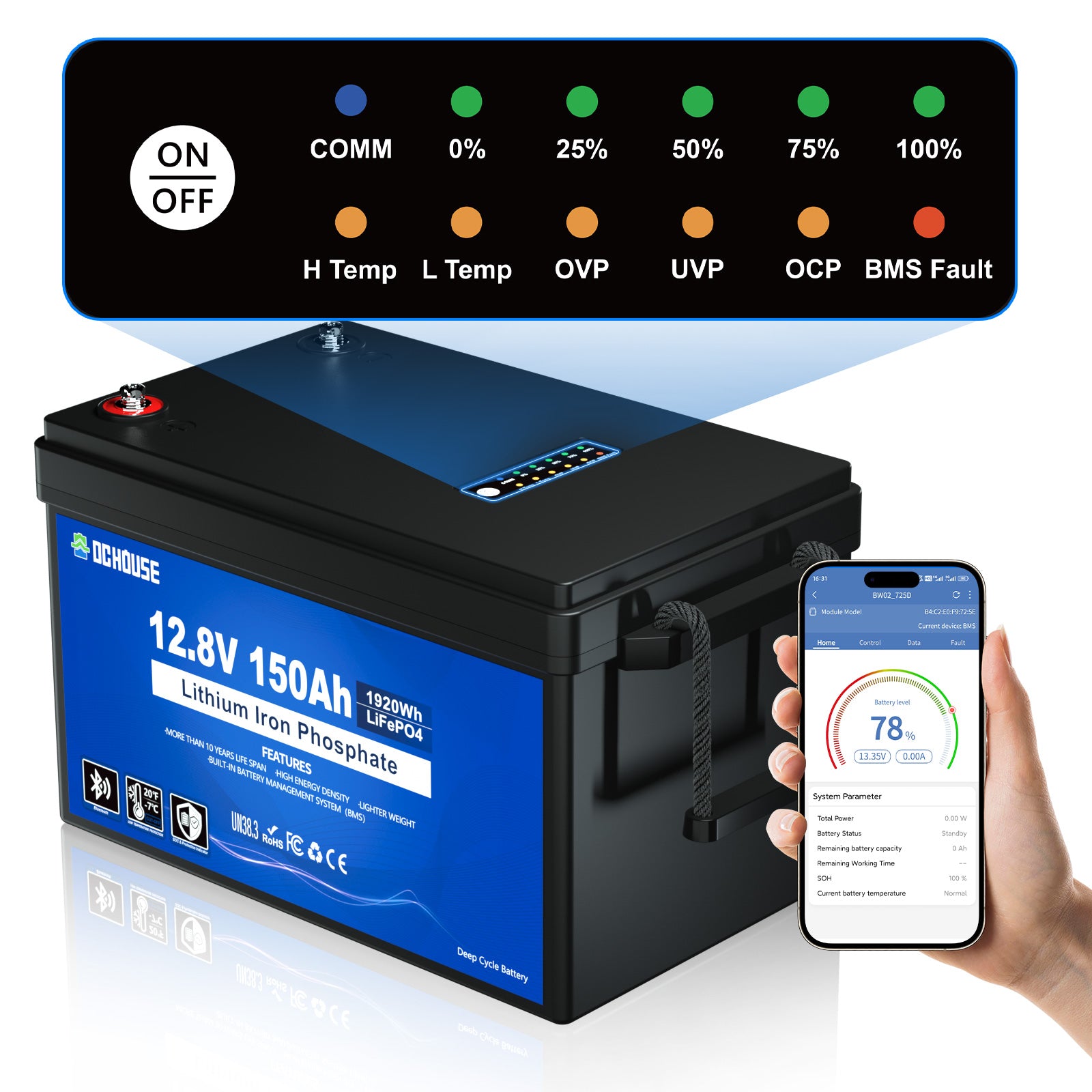 12V 150Ah mit Niedertemperaturschutz & Bluetooth & SOC- und BMS-Anzeige