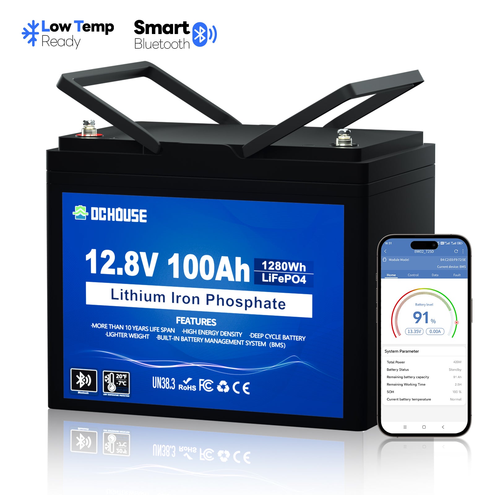 12V 100Ah LiFePO4 Batterie mit Bluetooth und Niedrigtemperaturschutz