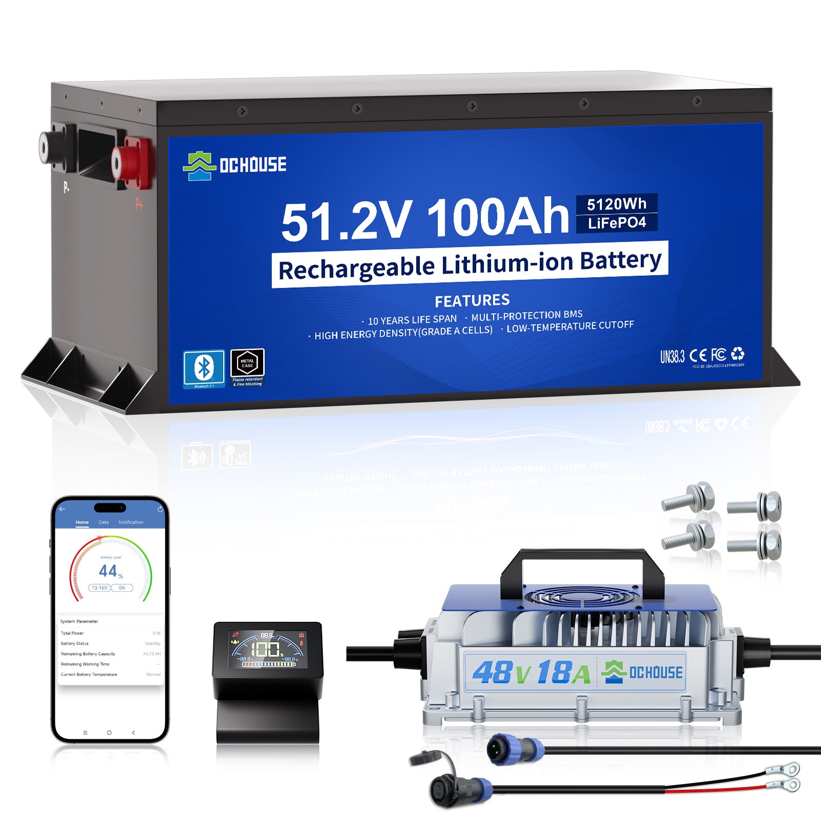 [15 Tage Vorverkauf]48V 100Ah LiFePO4 Batterie mit Metallgehäuse, Bluetooth und Niedertemperaturschutz  & Ladegerät