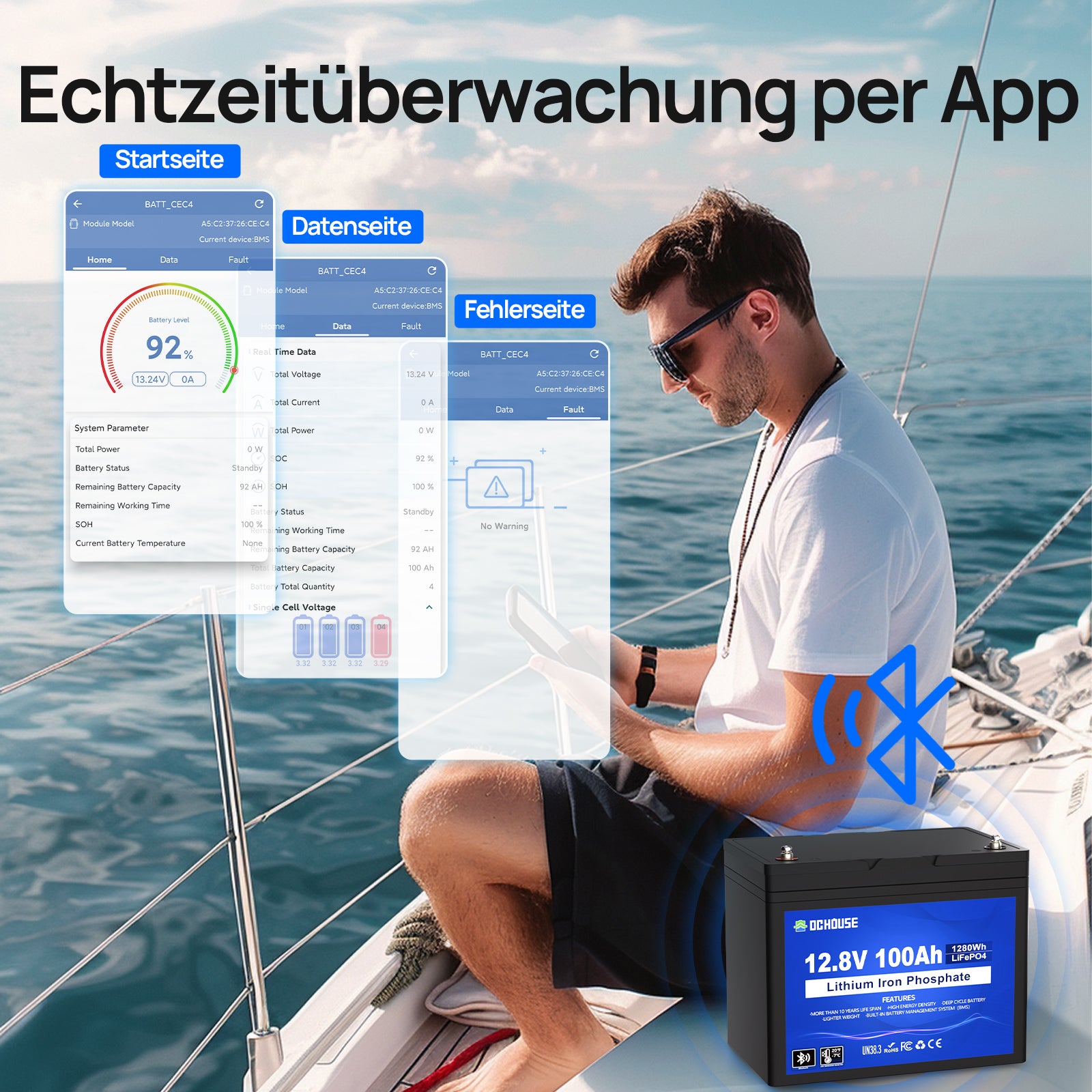 12V 100Ah LiFePO4 Batterie mit Bluetooth und Niedrigtemperaturschutz