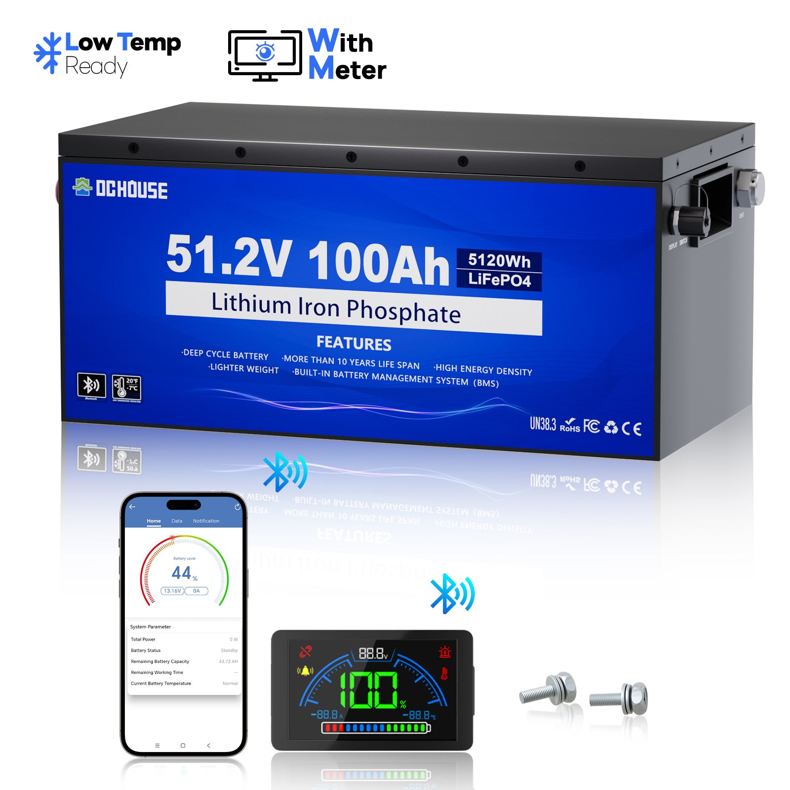 48V 100Ah LiFePO4 Batterie mit Metallgehäuse, Bluetooth und Niedertemperaturschutz