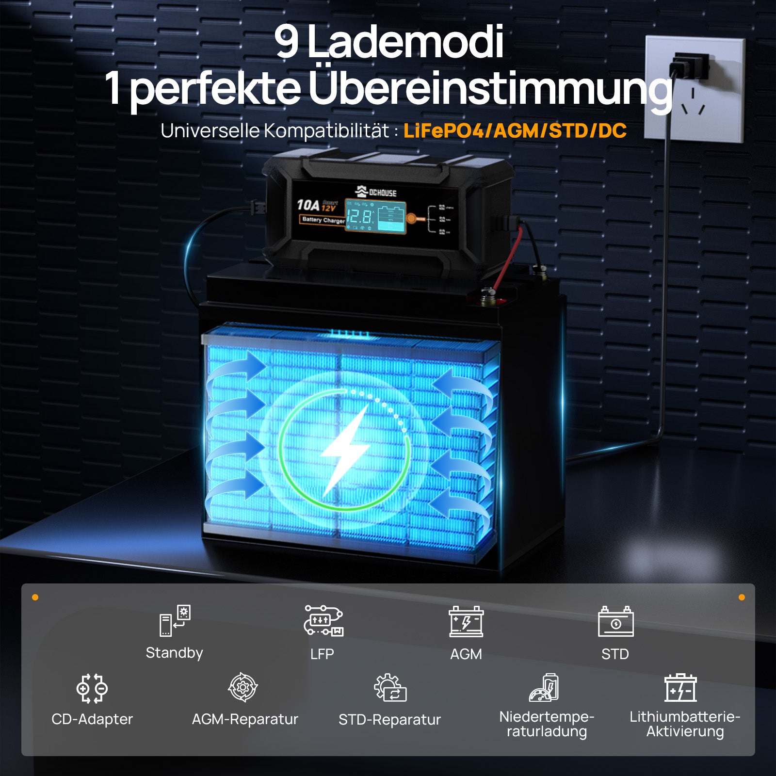 12V 10A Ladegerät mit LCD-Display für Blei Säure AGM,LiFePO4 Lithium Batterien