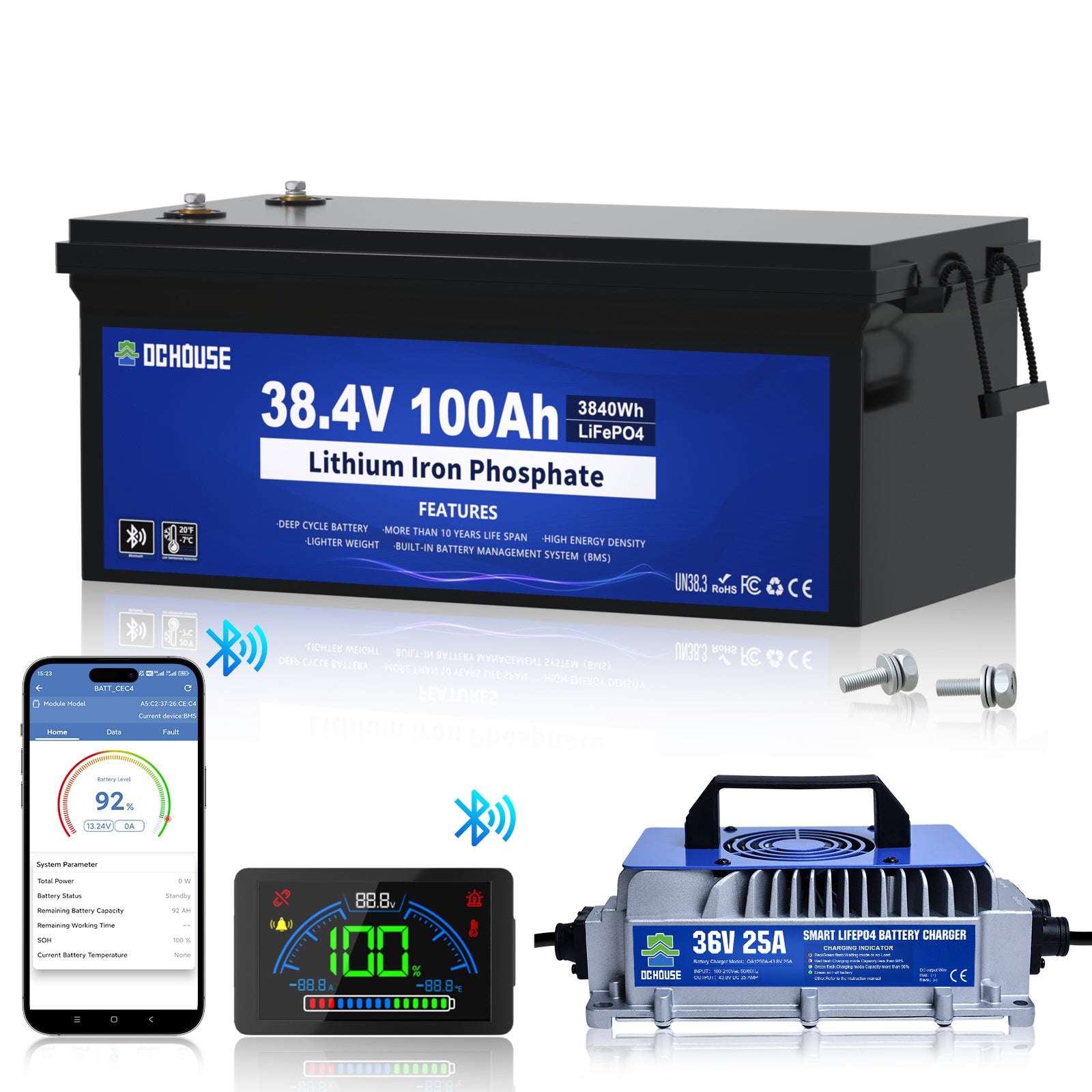 36V 100Ah Lithiumbatterie mit Niedertemperaturschutz und Bluetooth & Ladegerät