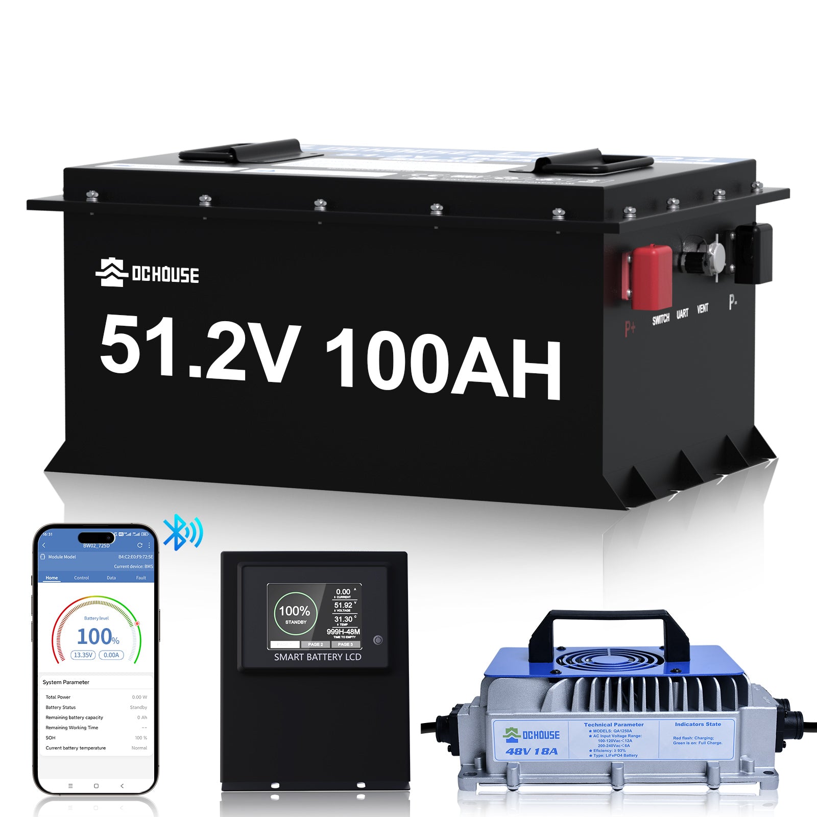 48V 100Ah LiFePO4 Lithium-Golfwagen-Batterie mit Metallgehäuse & Ladegerät