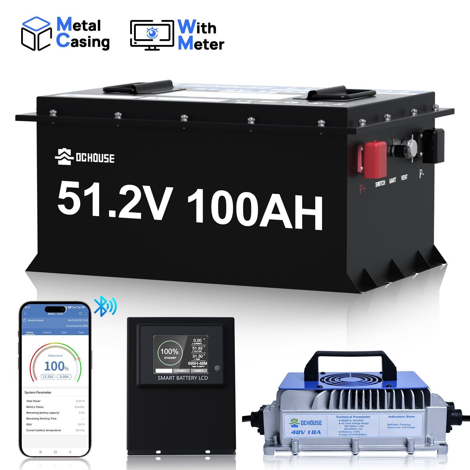 48V 100Ah LiFePO4 Lithium-Golfwagen-Batterie mit Metallgehäuse & Ladegerät