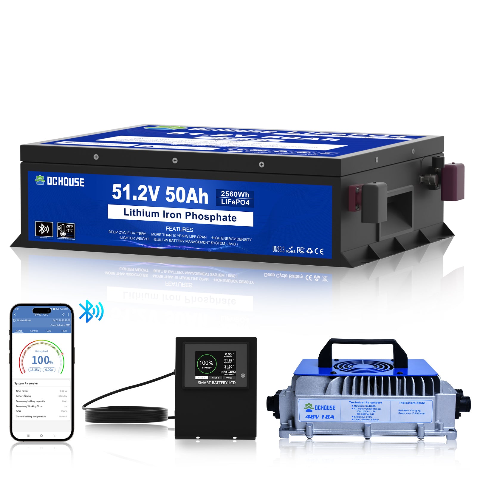 48V 50Ah LiFePO4 Batterie mit Bluetooth und Niedrigtemperaturschutz mit Ladegerät