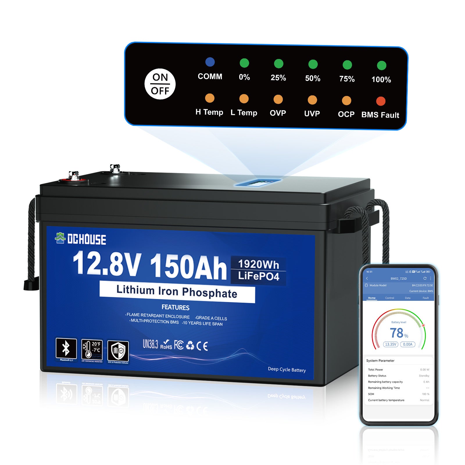 12V 150Ah mit Niedertemperaturschutz & Bluetooth & SOC- und BMS-Anzeige